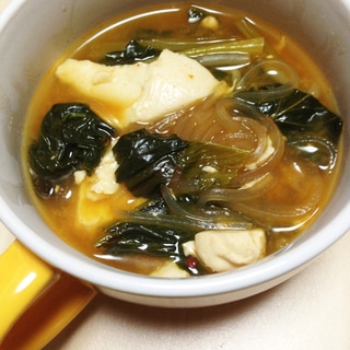 キムチ鍋のもとで小松菜春雨スープ